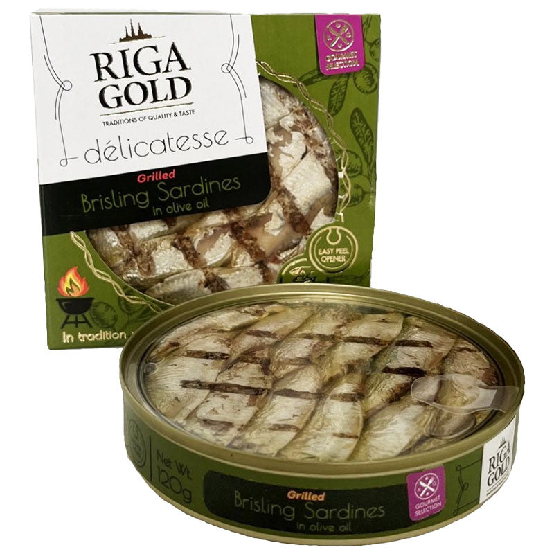 RIGA GOLD -Clear Top- Grilled Sardines Brisling in Olive Oil (Gourmet) 120g