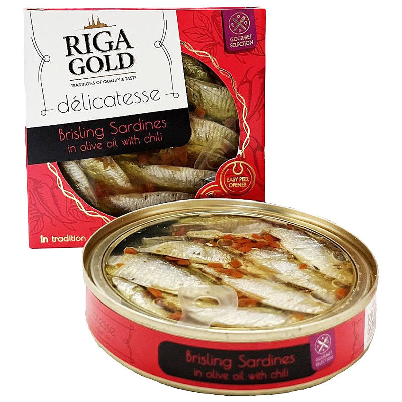 RIGA GOLD -Clear Top- Brisling Sardines in Olive Oil /w Chili (Gourmet) 120g