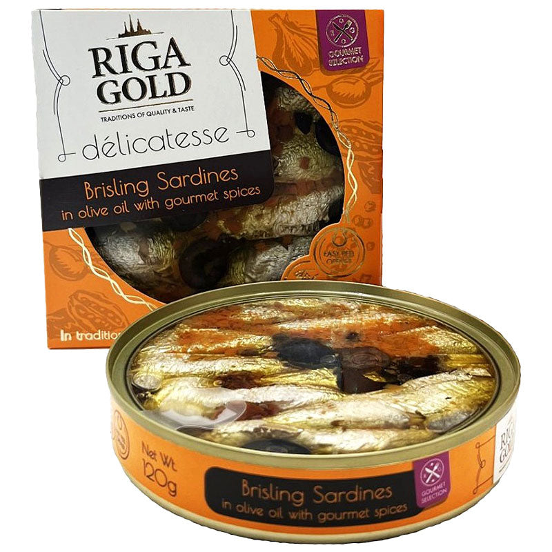 RIGA GOLD -Clear Top- Brisling Sardines in Olive Oil /w Spices & Olives (Gourmet) 120g